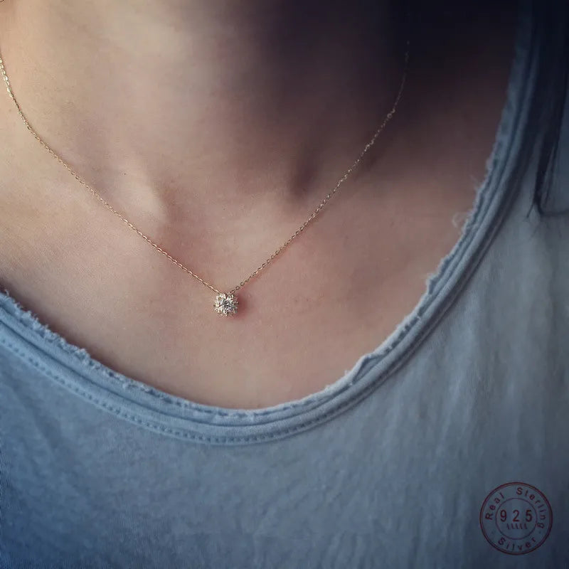 925 Sterling Silver Simple Diamond Gold Small Sun Pendant Necklace Women Light Luxury Wedding Jewelry Accessories