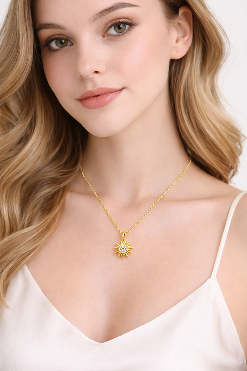 925 Sterling Silver Sun Necklace with White Stone Elegant Celestial